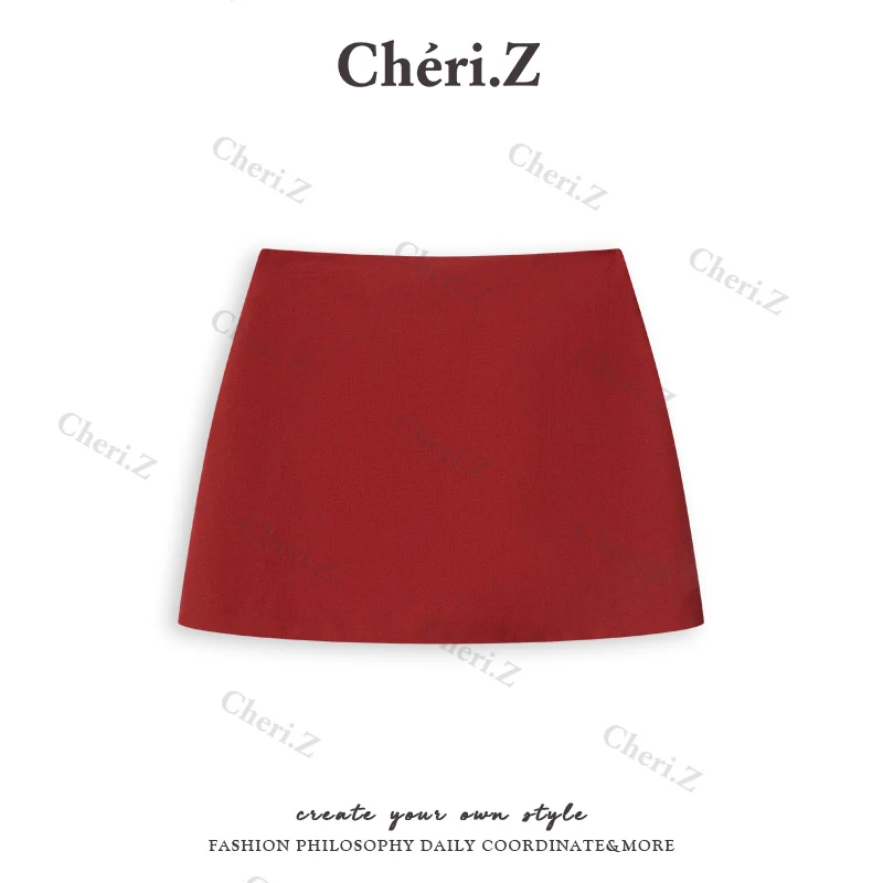 45超高比例亚麻！鸽血红hin显白 后腰松紧半裙C25B14297C