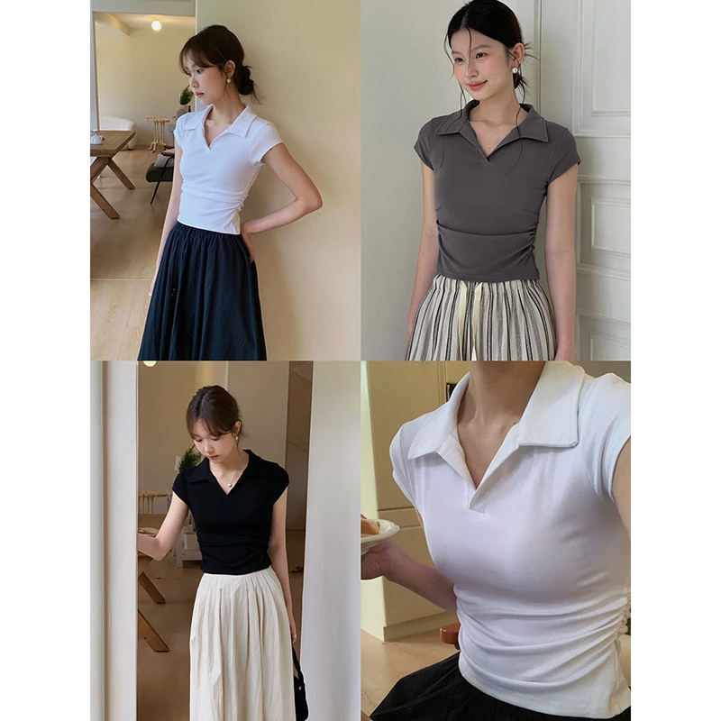 韩系翻领小飞袖恤女夏季新款褶皱收腰显瘦上衣辣妹正肩修身