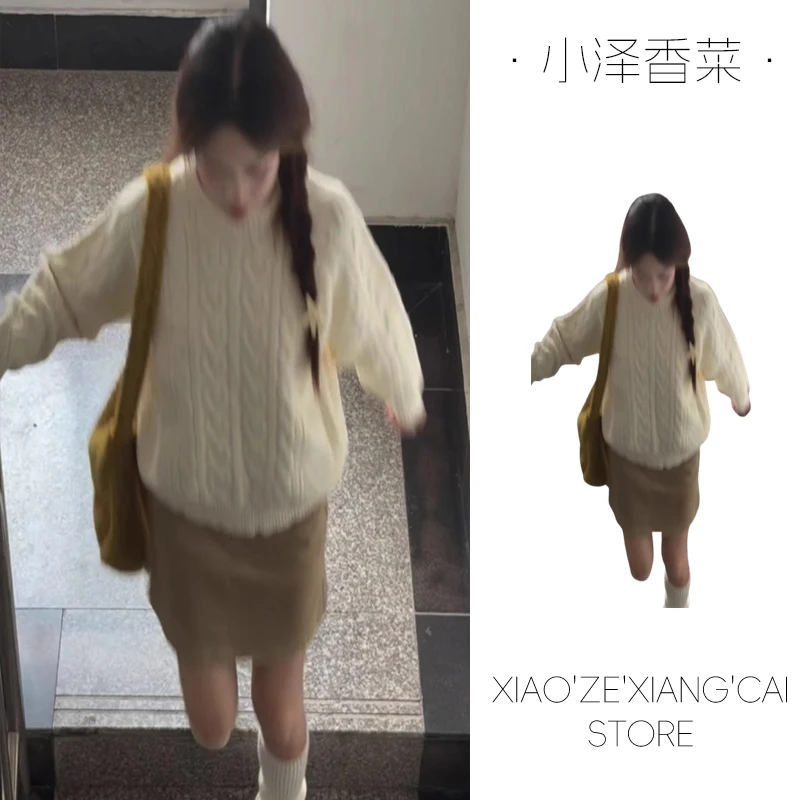 白色圆领套头麻花毛衣女秋冬加厚保暖内搭可外穿慵懒风针织衫上衣