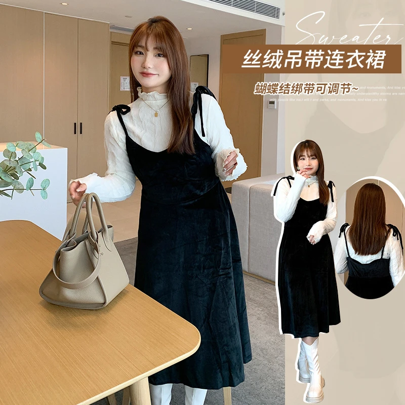 大码女装法式垂坠感丝绒百搭吊带连衣裙