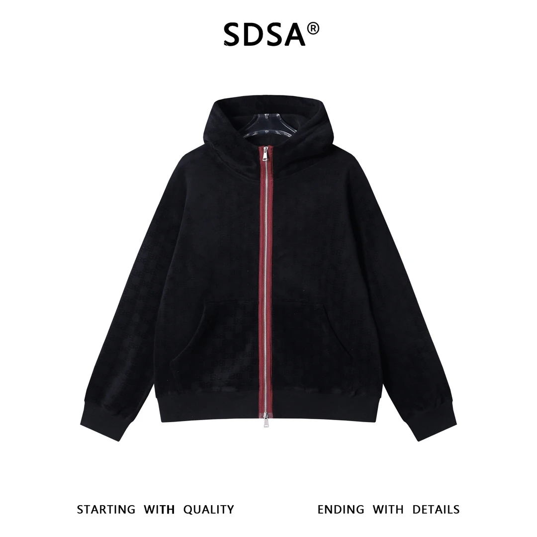 SDSA男士秋冬新款痞帅男装潮牌满印字母拉链立领连帽卫衣外套百搭