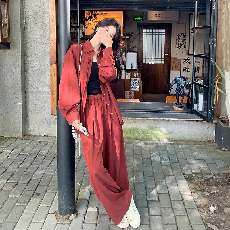 红色休闲慵懒风套装女春秋季新款小个子炸街时尚衬衫阔腿裤两件套