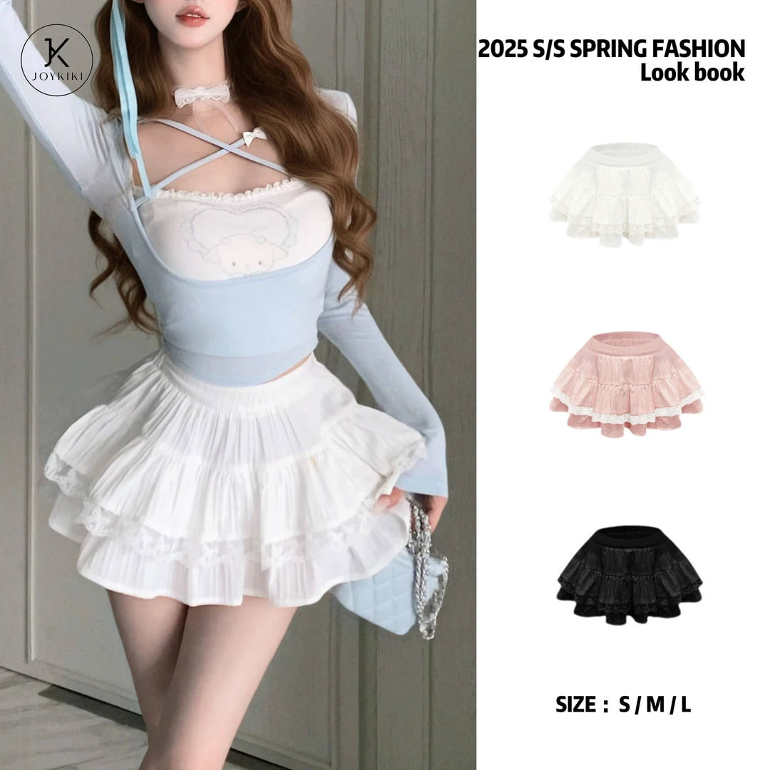 JOY KIKI金金【千层腿精】百搭甜美蕾丝撞色弹力蓬蓬半裙J25A002