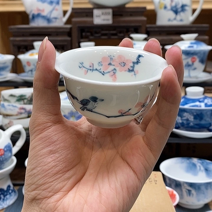 手绘喜上眉梢压手杯85cc釉下彩微瑕福利款