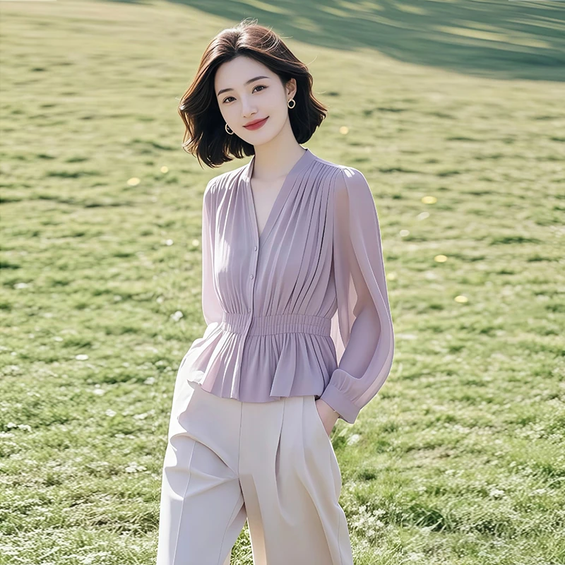2025年开春新款独特超好看紫色长袖衬衫内搭法式高级感气质上衣女