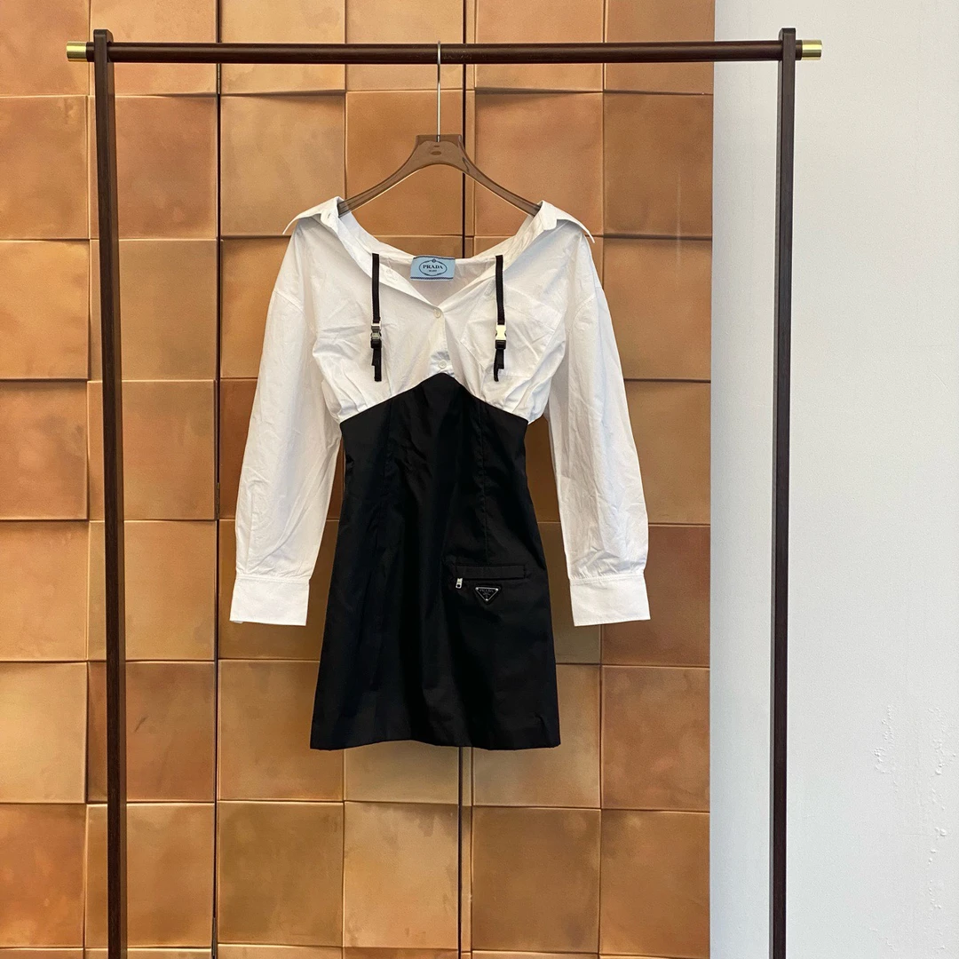 99新 Prada/普拉达 黑白拼接三角标衬衫连衣裙/38码/99新/29778