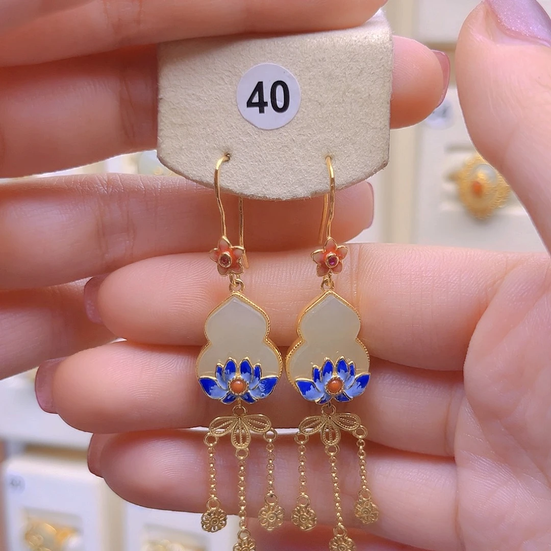 和田玉银S925镀金镶嵌耳饰