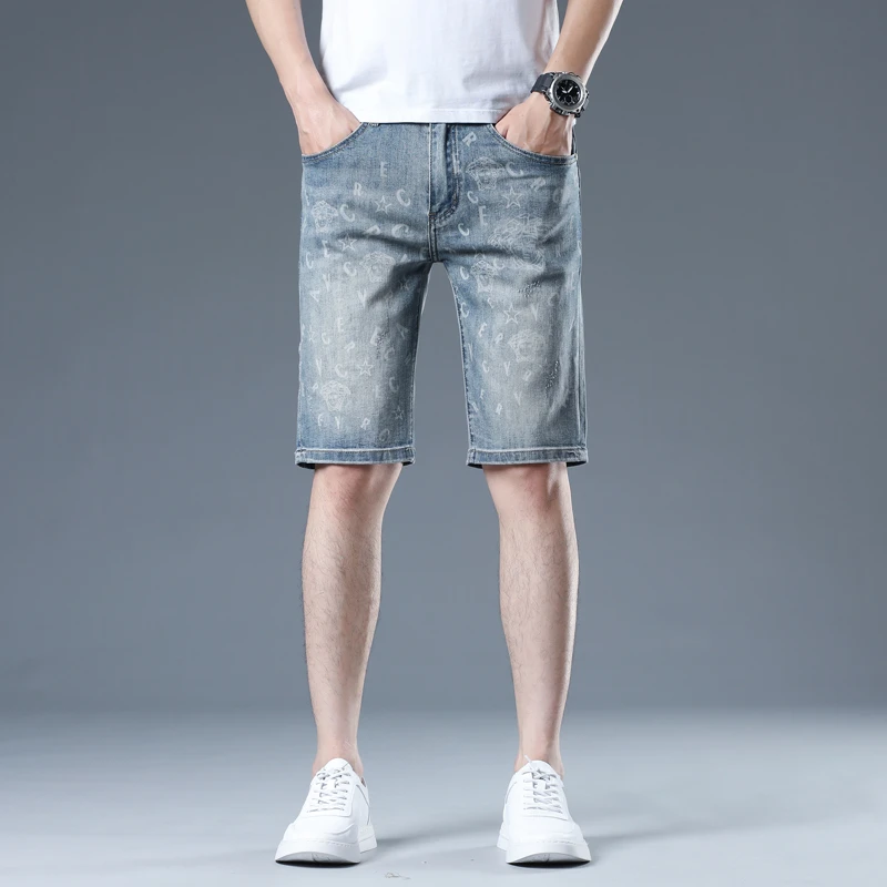 约文库费高端时尚春夏季男士印花牛仔短裤轻奢中裤休闲百搭五分裤