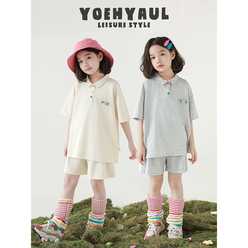 幼悠女童夏装糖果POLO衫套装女孩儿童中大童森系服装两件套CD1202