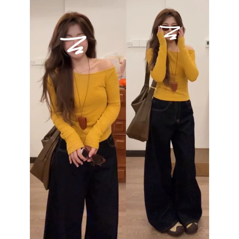 CST纯欲辣妹风一字肩上衣女早春韩系chic别致漂亮性感露肩长袖t恤