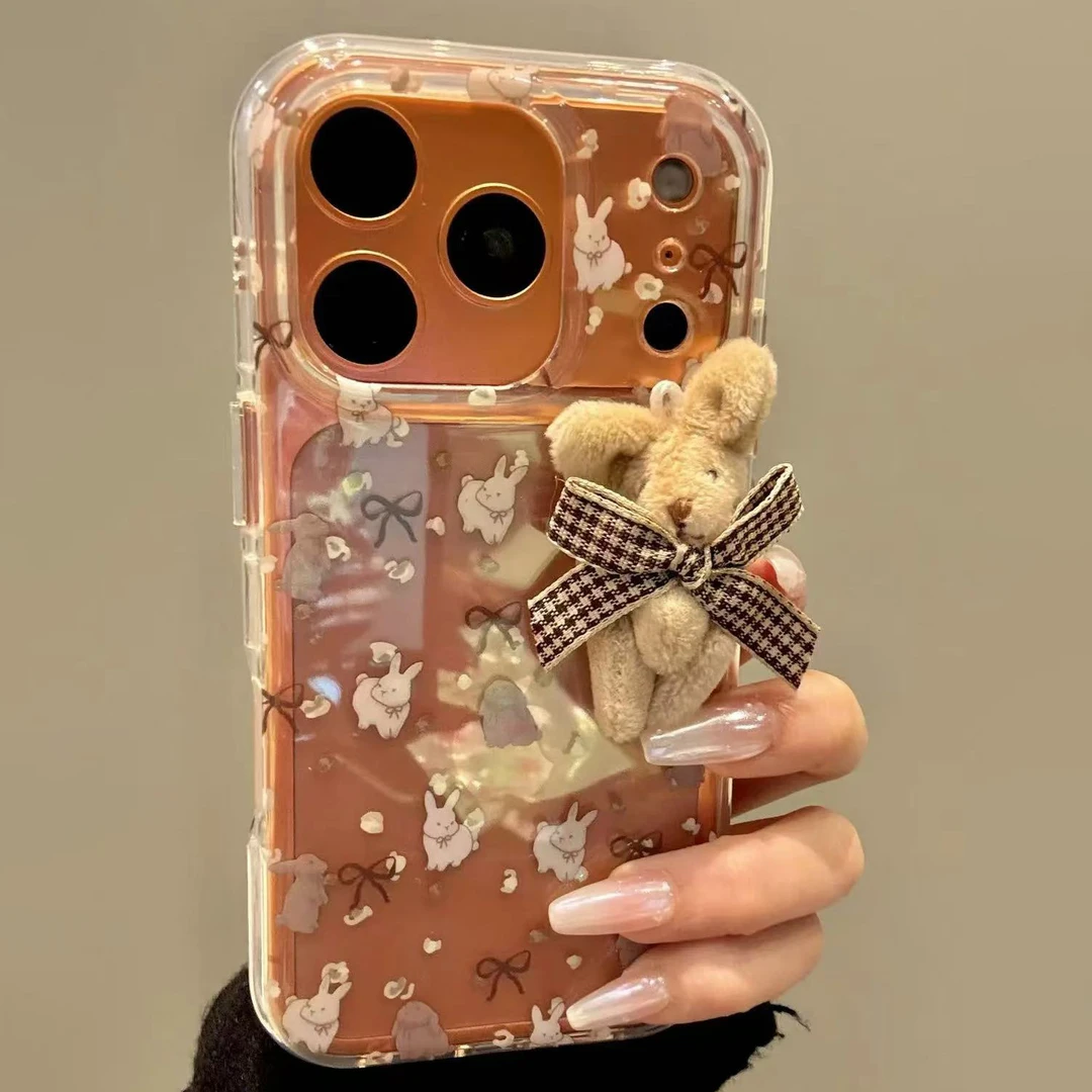 韩系透底蝴蝶结毛绒小兔适用iPhone17promax手机壳可爱苹果16新款