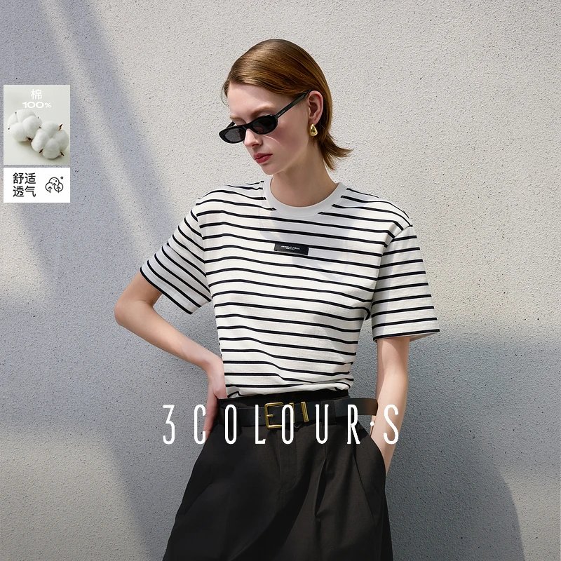 三彩2025夏季新款显瘦条纹T恤圆领宽松落肩袖套头衫休闲简约女S