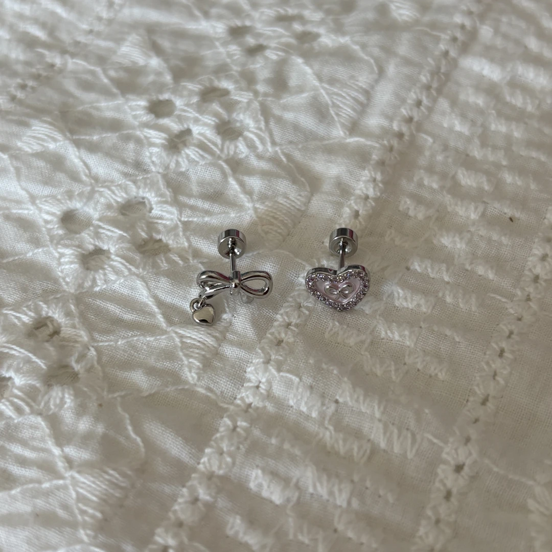钛钢锆石耳饰 粉红爱心蝴蝶结耳钉镶钻耳骨钉精致小巧可爱小众