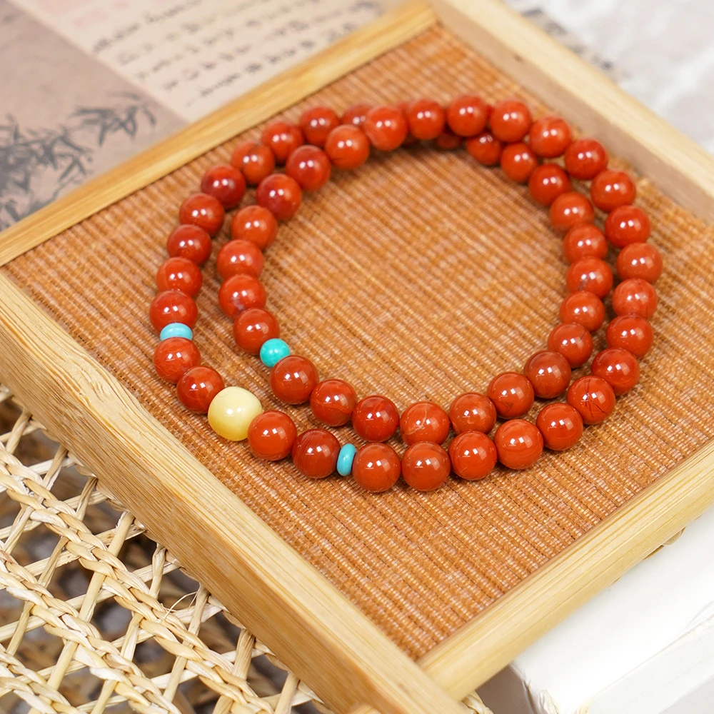 天然川料九口南红柿子红双圈蜜蜡桶型手串QF-B67（多样性发一）