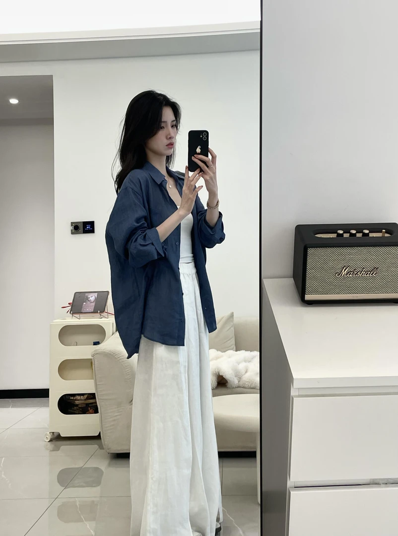 【青愿】韩系时尚藏青色mm衬衫上衣搭配高腰休闲直筒垂感长裤两件套