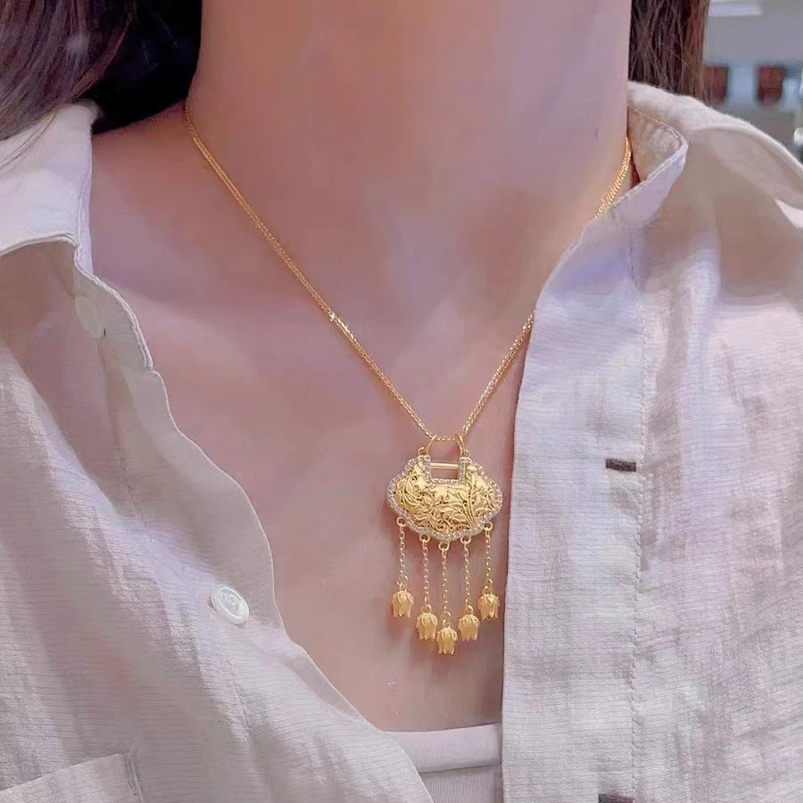 铜合金吊坠 璎珞铃兰锁吊坠中式复古流苏平安锁挂坠