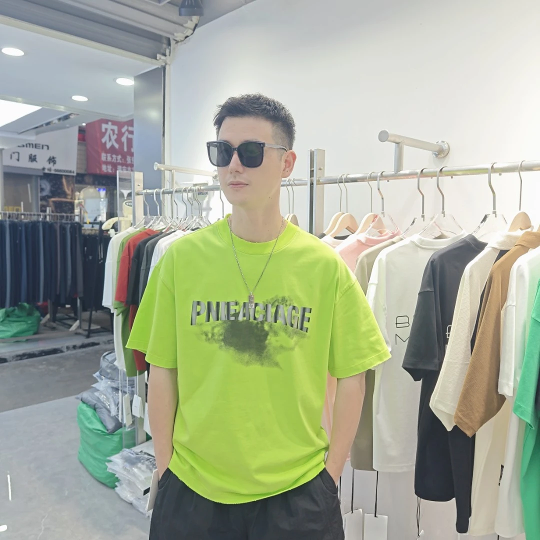 2025夏纯棉成衣水洗磨破简约胶条印花短袖T恤时尚宽松男士百搭潮