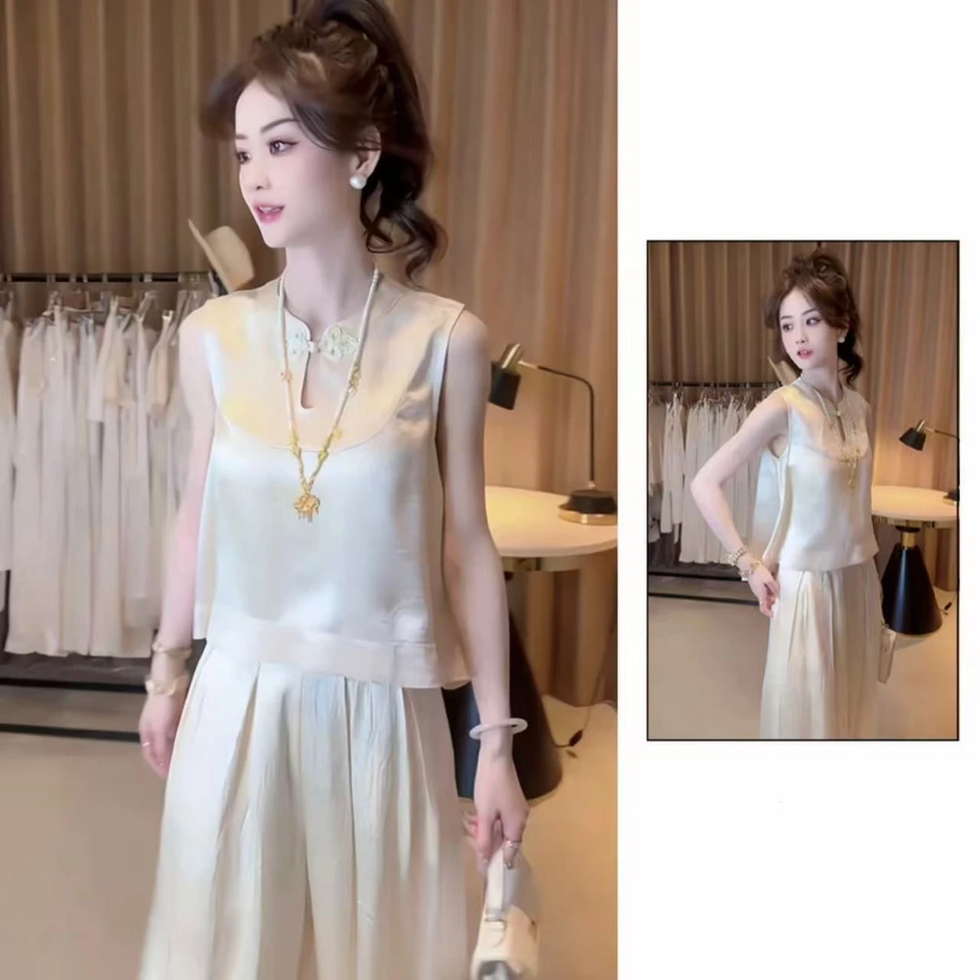 夏季2025新款一整套女装韩系穿搭禅意无袖上衣阔腿裤两件套2188