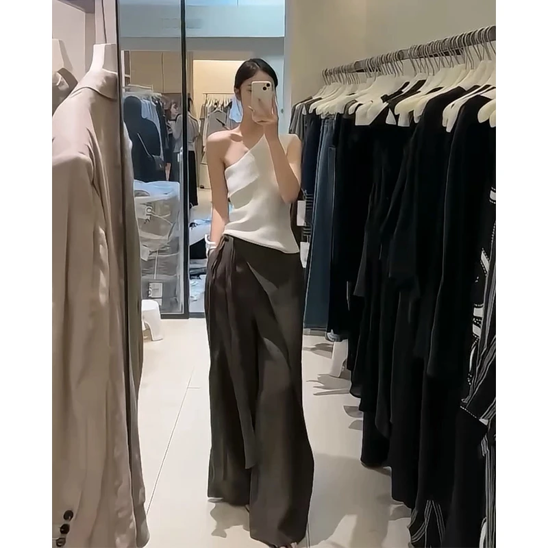 2025夏季新款女韩系穿搭斜肩修身针织上衣百搭设计感高腰阔腿长裤