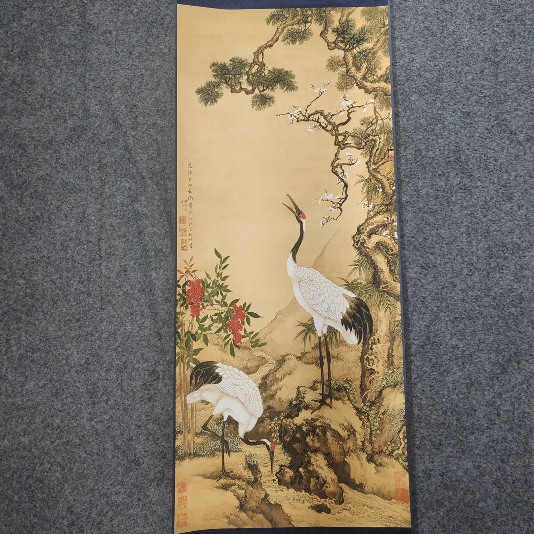 《松梅双鹤》115*32客厅书房茶室办公室过道走廊玄关国风装饰挂画