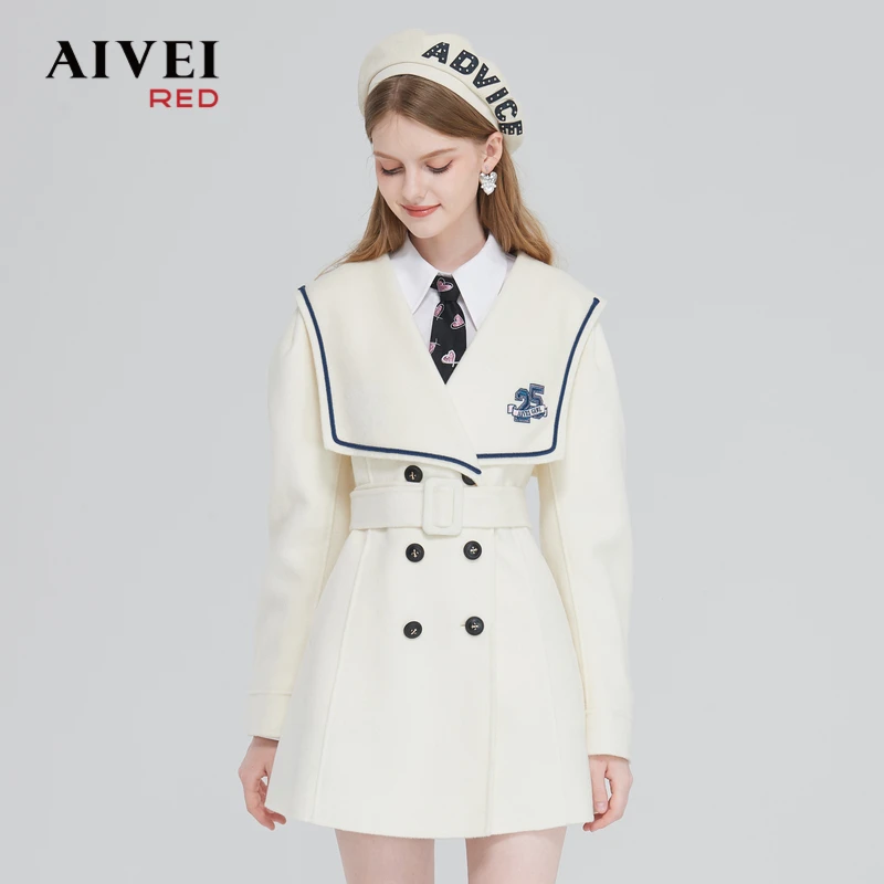 AIVEI欣贺艾薇海军领中长款收腰毛呢外套 P0660173