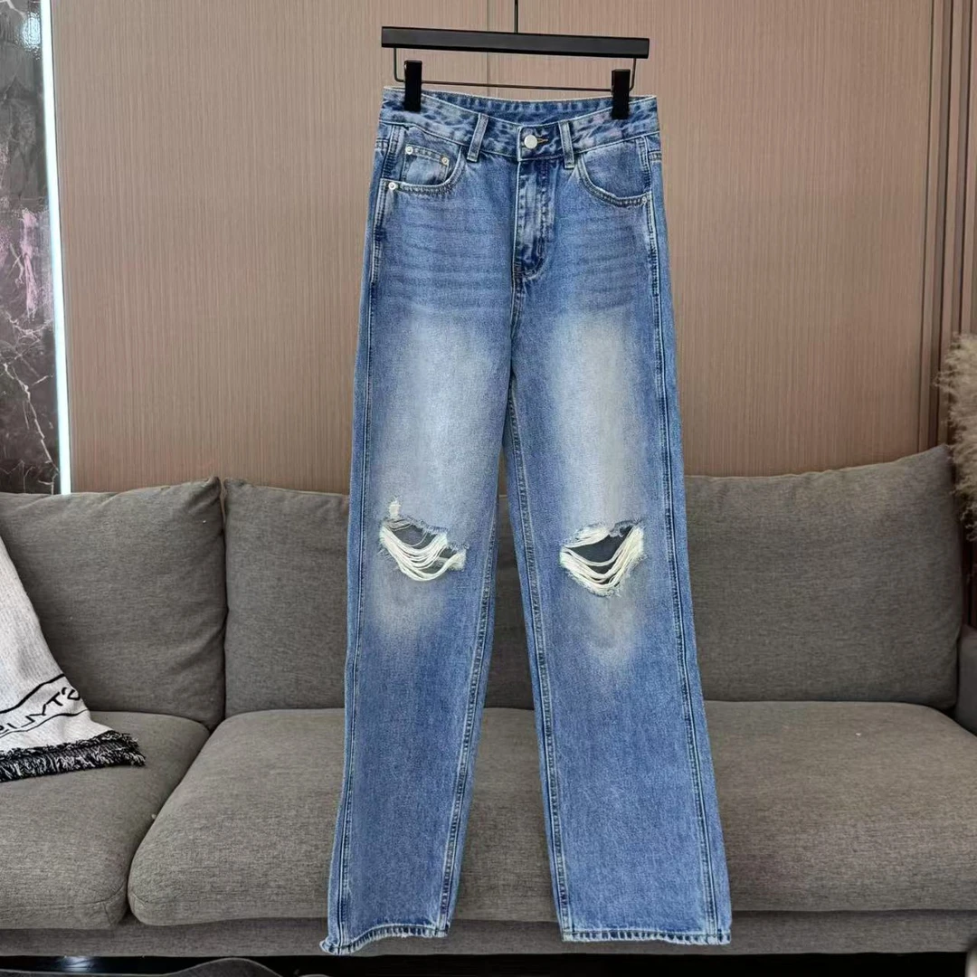 【牛仔冒险家】新款复古个性高腰破洞牛仔裤