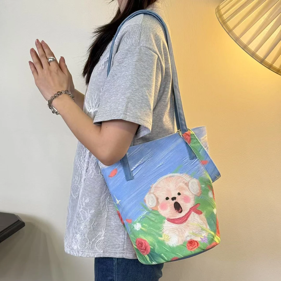 MIAO玫瑰小狗早春文艺清新细肩带水桶包 大容量踏青斜挎包