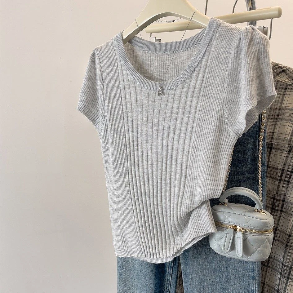 遮肚显瘦【专柜大码】圆领纯色坑条冰丝短袖T恤女夏百搭正肩上衣