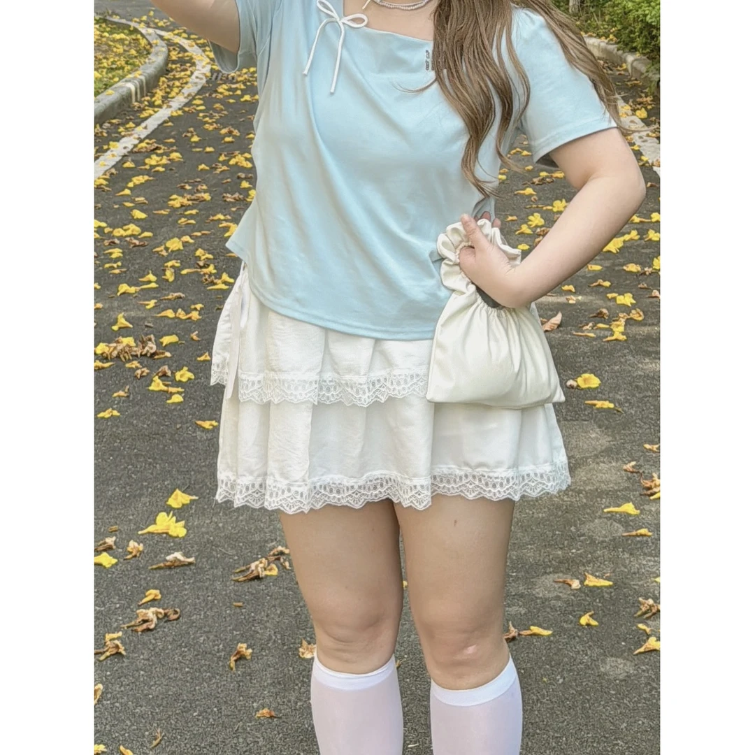 大码女装新款重工镂空花边蛋糕裙芭蕾风甜美拼接短裙A字裙2025