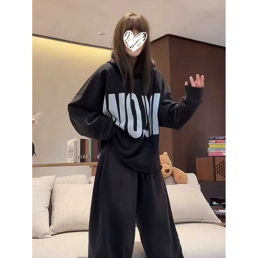 重磅水洗磨破做旧印花美式休闲宽松连帽短款卫衣松紧腰休闲卫裤女