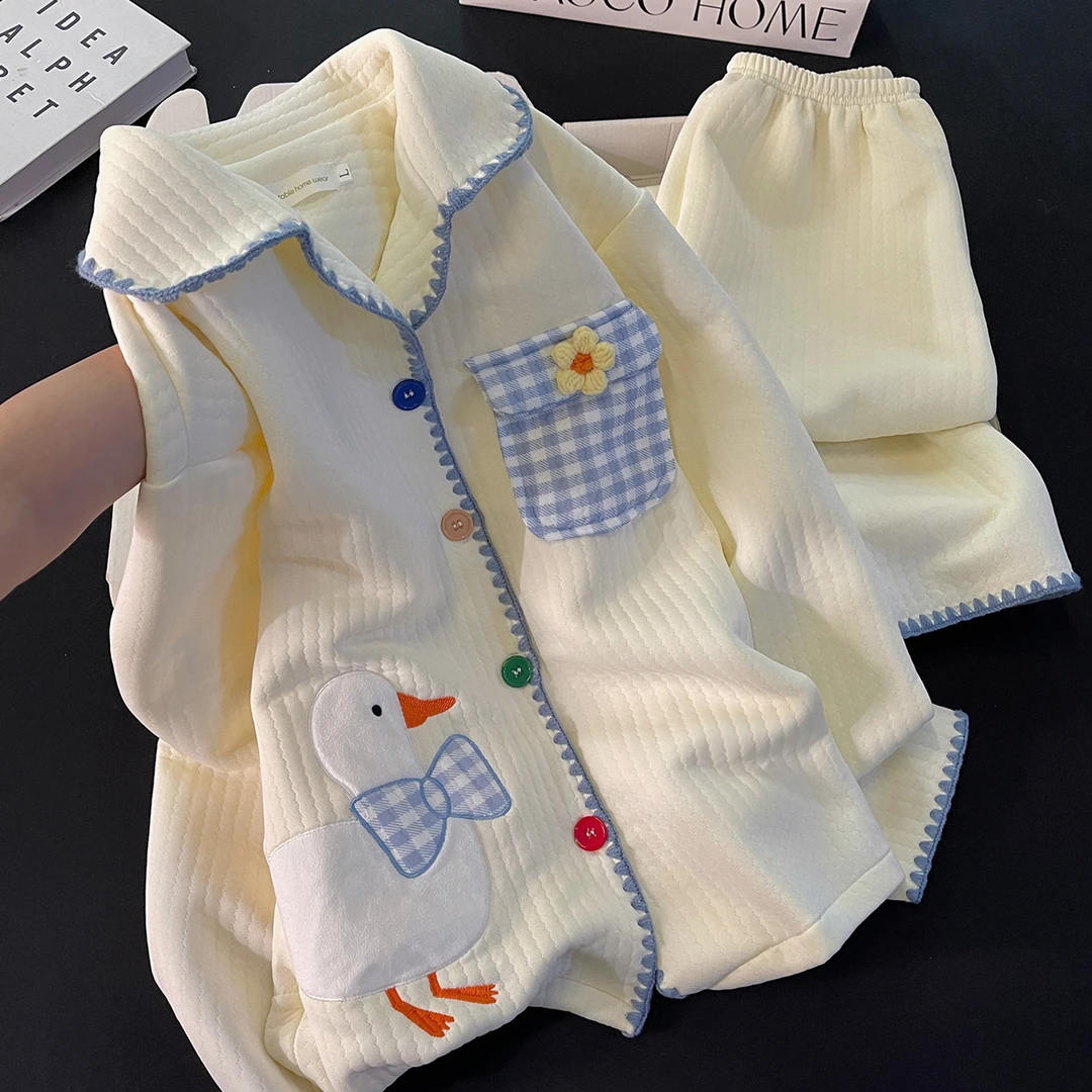 韩系睡衣女新款秋冬季空气棉夹层加厚保暖可爱鸭子学生家居服套装