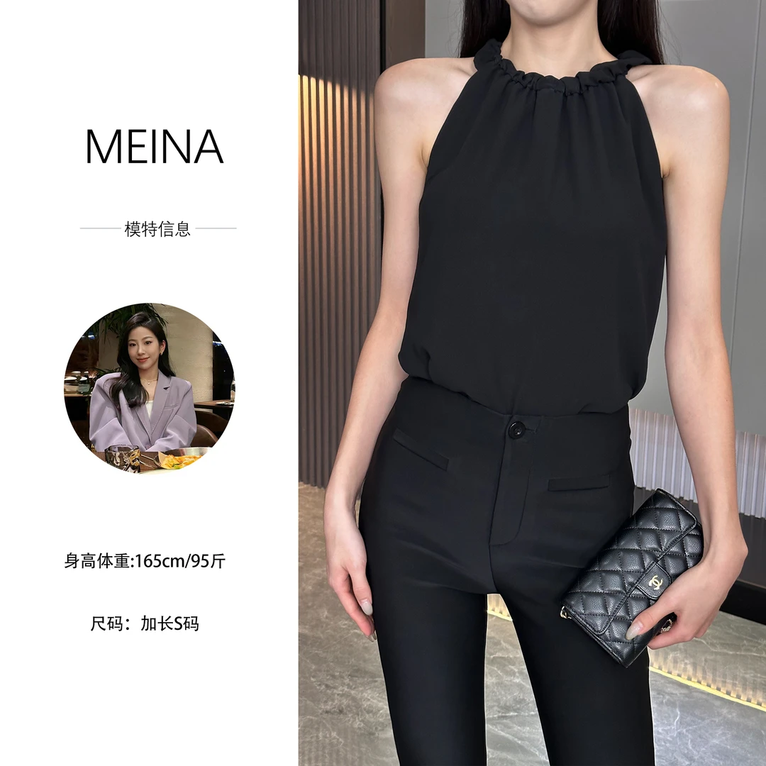 MEINA【米兰格调】夏季显瘦气质黑色挂脖吊带背心女高级感无袖上衣