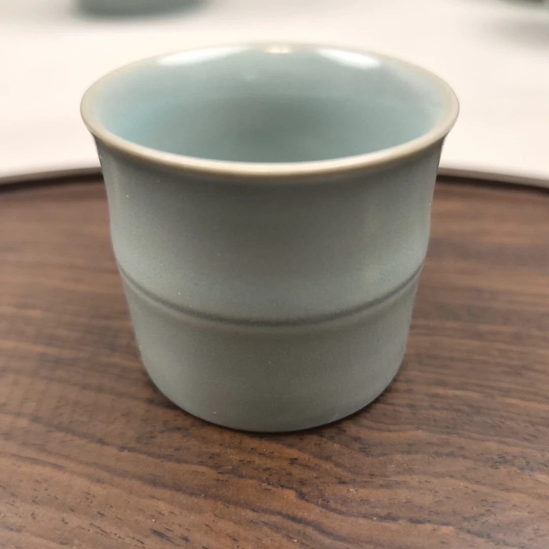 烟青瓷韵汝窑手工天青色防古釉竹节主人杯容量40cc