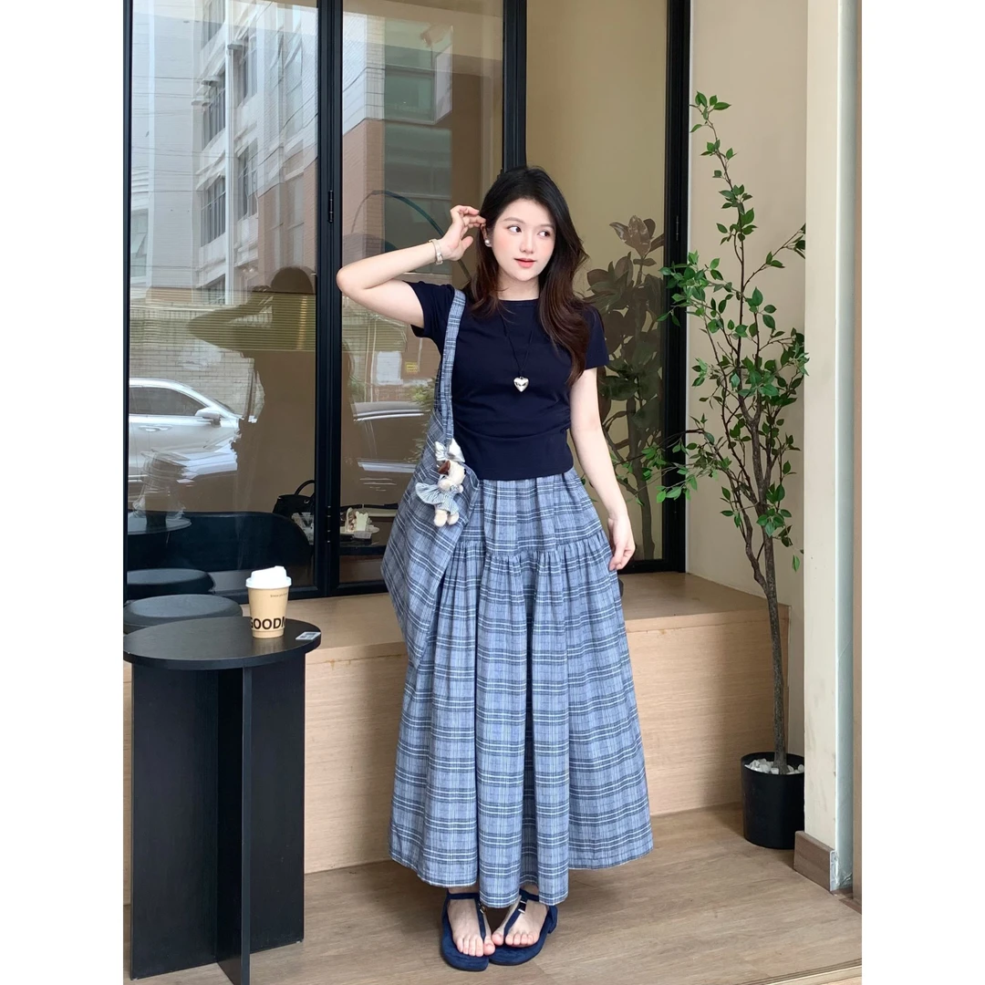（运费补贴）春夏新款韩版氛围感文艺百搭圆领短袖格子半身裙套装女