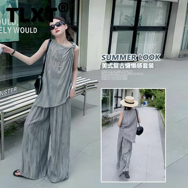 TLXT2025夏季新款韩版简约中大女童慵懒风无袖上衣加阔腿裤两件套