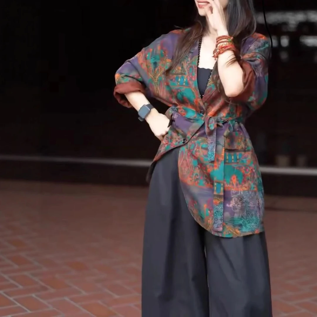 清冷贵气感穿搭套装女2025新款爆款新中式国风花色外套裤子两件套