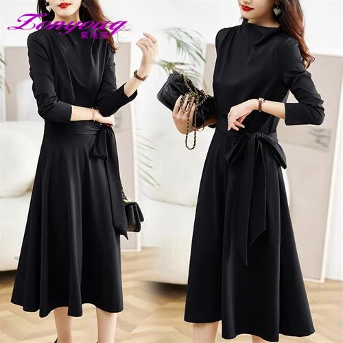 紫雨琪袖大摆连衣裙女2025秋季新款过膝中长裙收腰显韩版修身