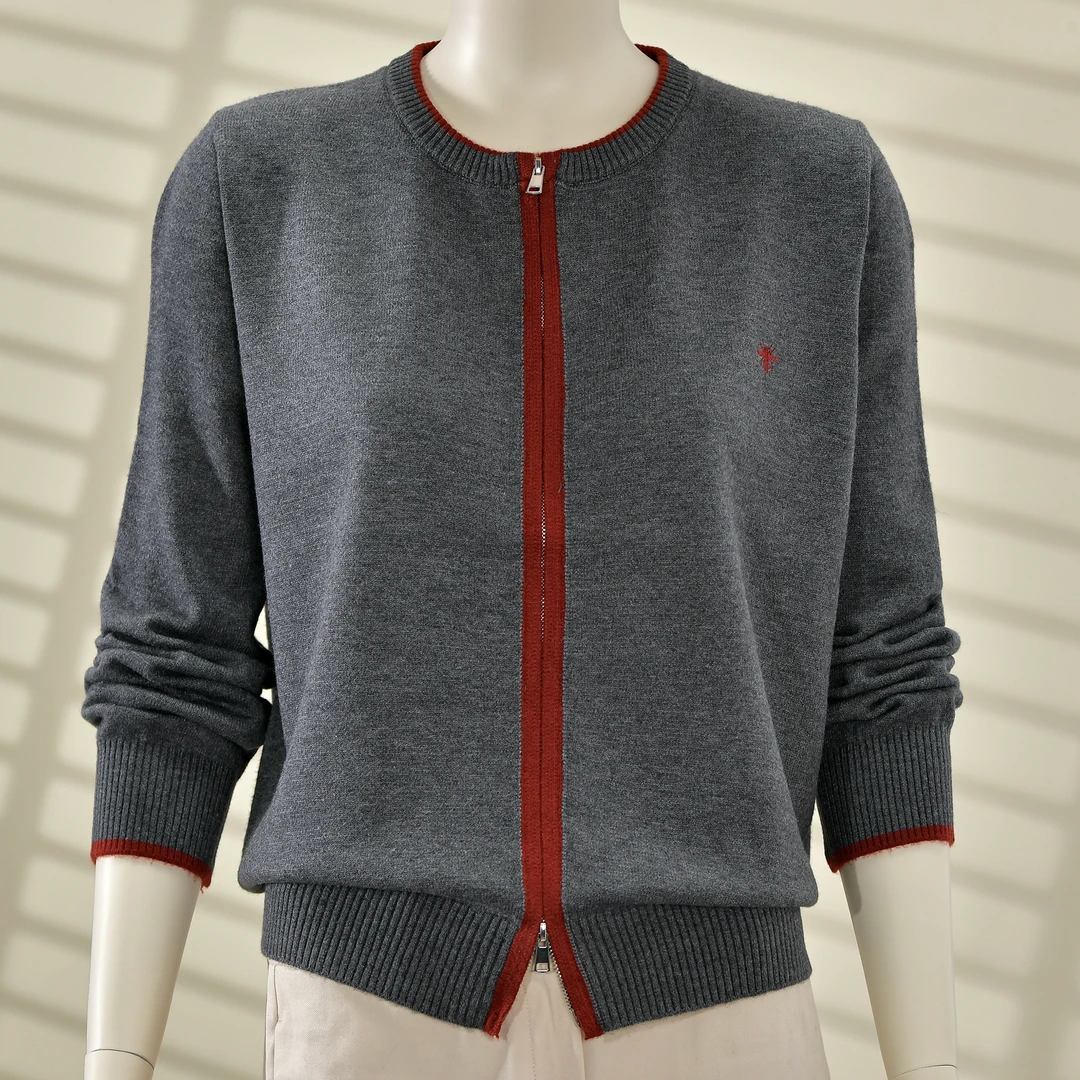 2025秋冬新款韩系撞色边圆领拉链针织开衫女宽松显瘦休闲毛衣外套