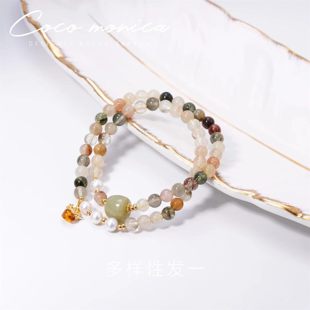 【小霞珠宝】水晶双圈黑超七手链珍珠手工女士多层彩色清新 AE644