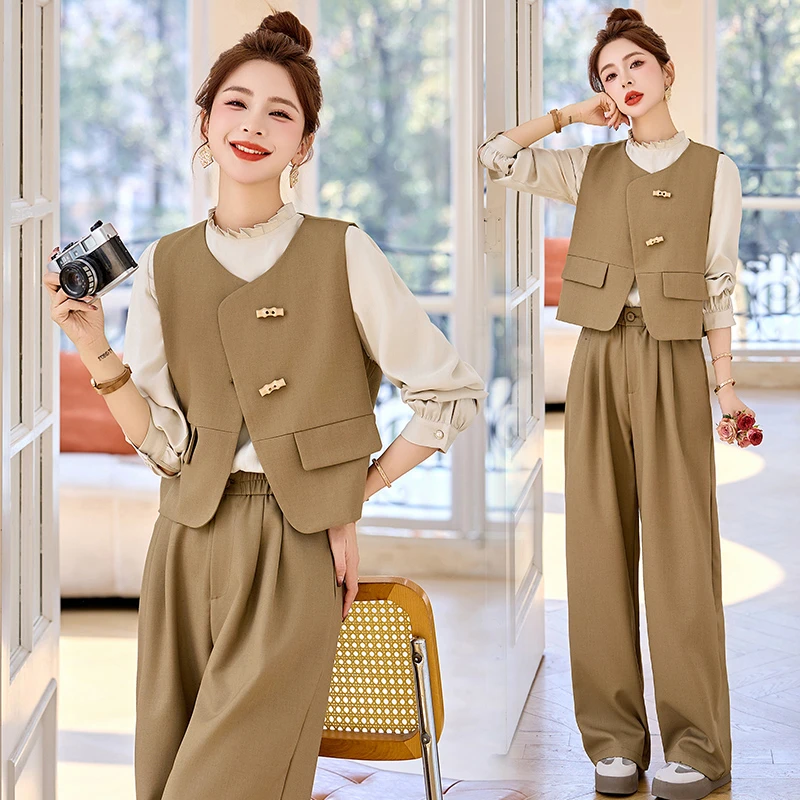 法式小香风马甲套装女2025春季新款休闲时尚宽松百搭阔腿裤三件套