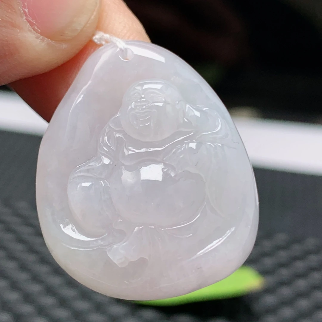 缅甸天然a货翡翠玉佛公吊坠白透雕刻弥勒佛笑佛挂件项坠女士冰透