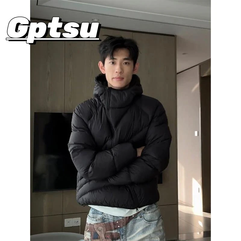 GPTSu设计感黑色连帽羽绒服男士冬季美式轻薄保暖短款白鸭绒外套
