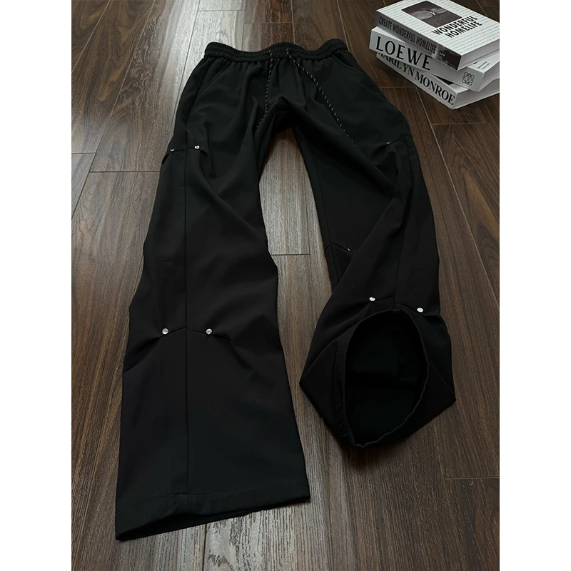 高级感vintage褶皱铆钉冰丝裤子男夏季垂感美式柳钉褶皱微喇长裤