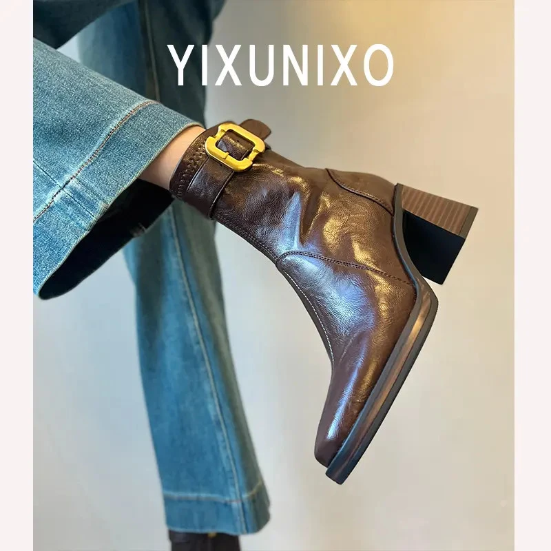 羊皮版~静音底方头高跟短靴女轻奢粗跟瘦瘦靴百搭显瘦新款马丁靴