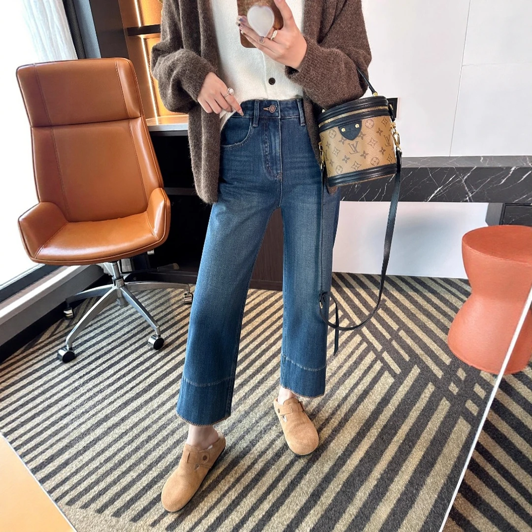 复古蓝显瘦阔腿牛仔裤女秋冬款大码四面弹梨形身材高腰拼接法棍裤