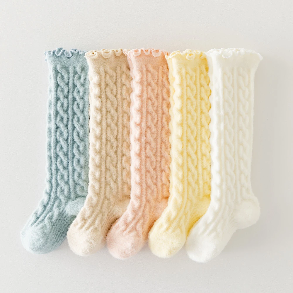 澳绒婴儿厚袜木耳边加绒男女宝宝冬季保暖过膝袜女孩冬款长筒袜子