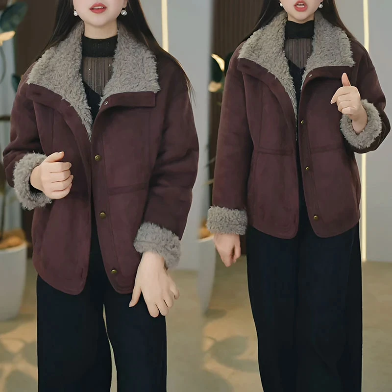 2025新款高级感气质撞色时尚洋气显瘦大翻领毛绒外套女士