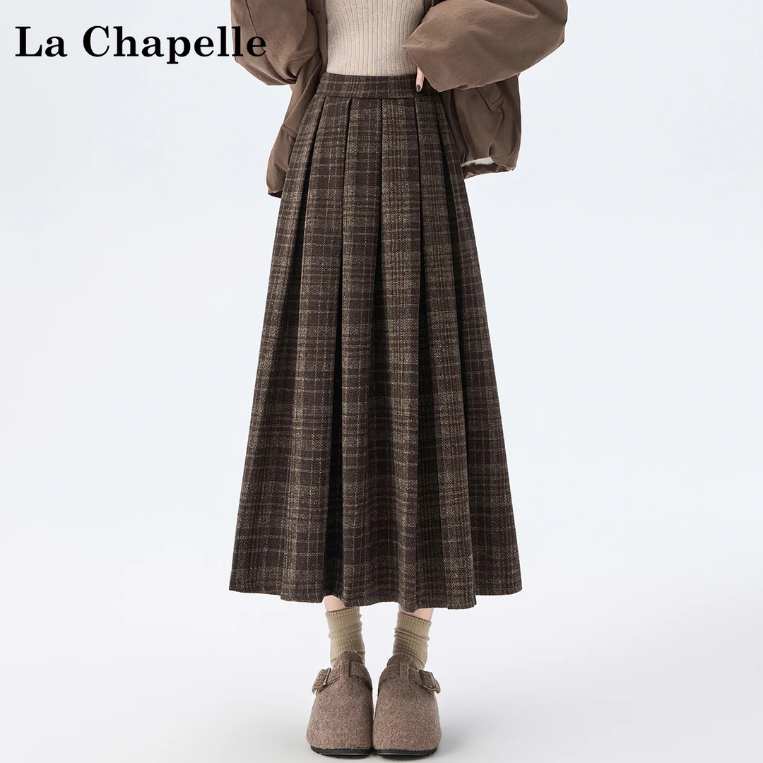 拉夏贝尔美拉德格子毛呢百褶半身裙女秋冬季韩系高腰显瘦a字长裙