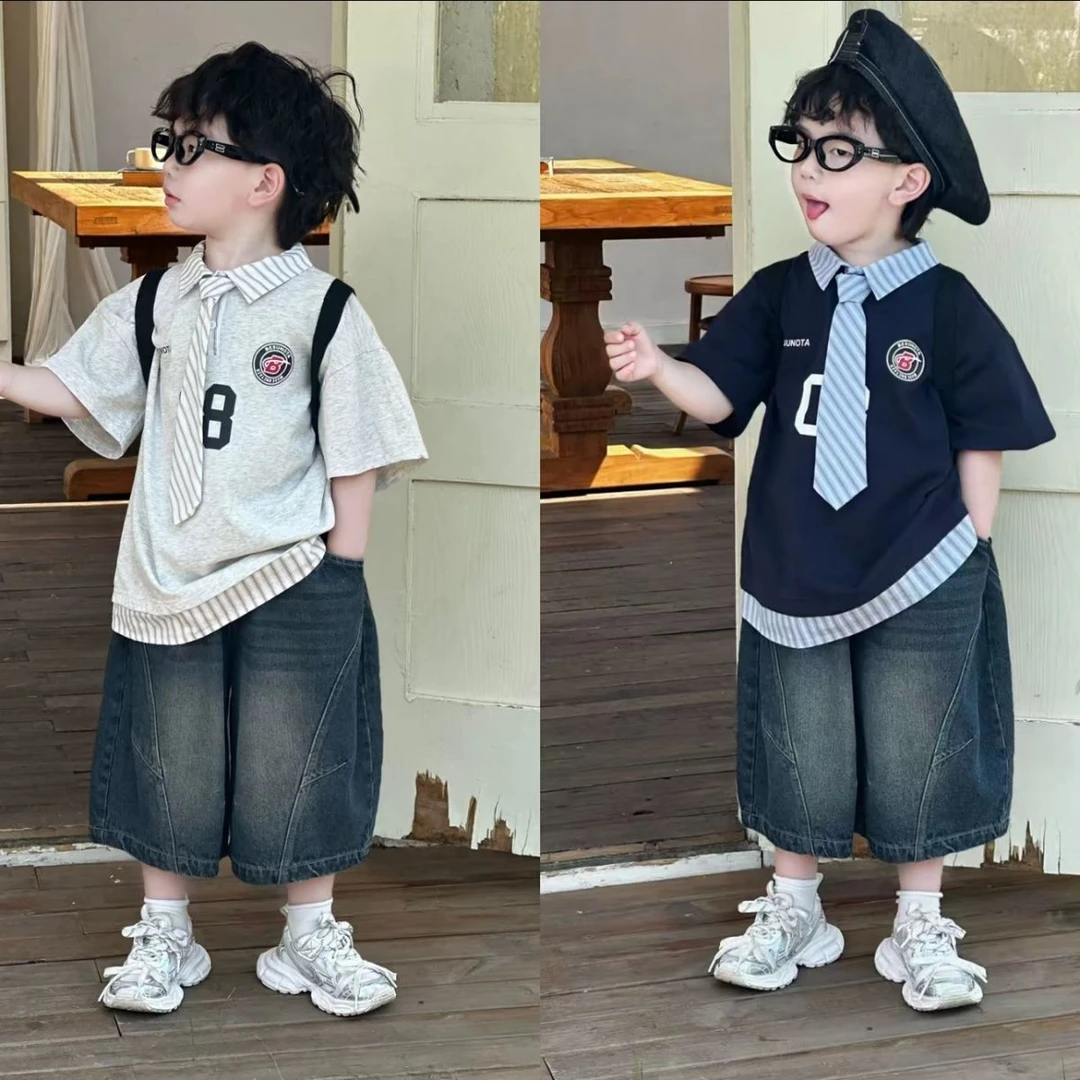 儿童套装夏季学院新款短袖套装儿童男童衬衫牛仔裤时髦两件套 CP