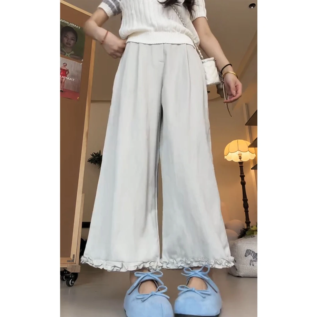 艾塔莉显瘦花边休闲裤女夏新款百搭阔腿裤梨形身材遮肉九分直筒裤